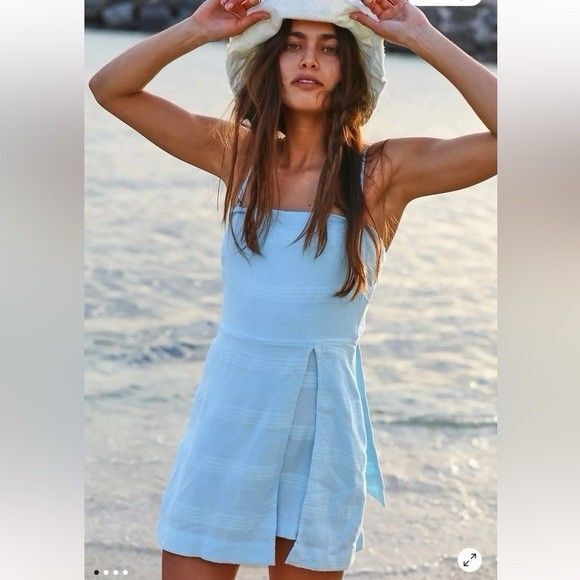Free People Go Get Em Skort Romper Sz Large Powder Blue Linen Beach Resort - Picture 1 of 7